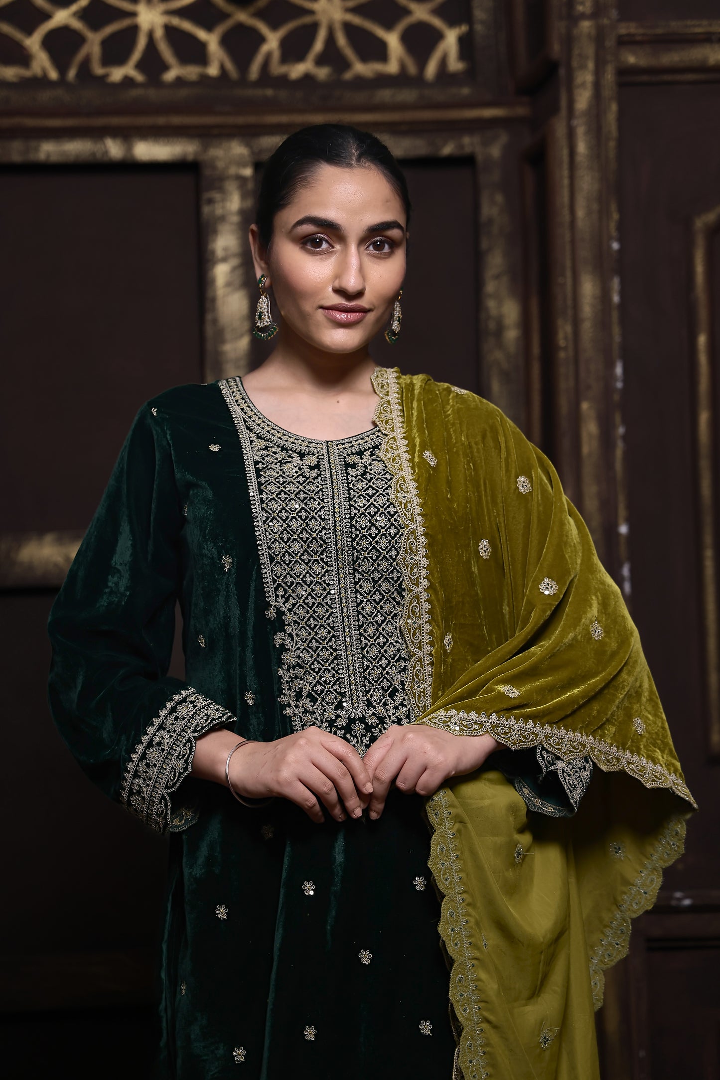 Bottle Green & Olive Green Designer Velvet Suit #1734