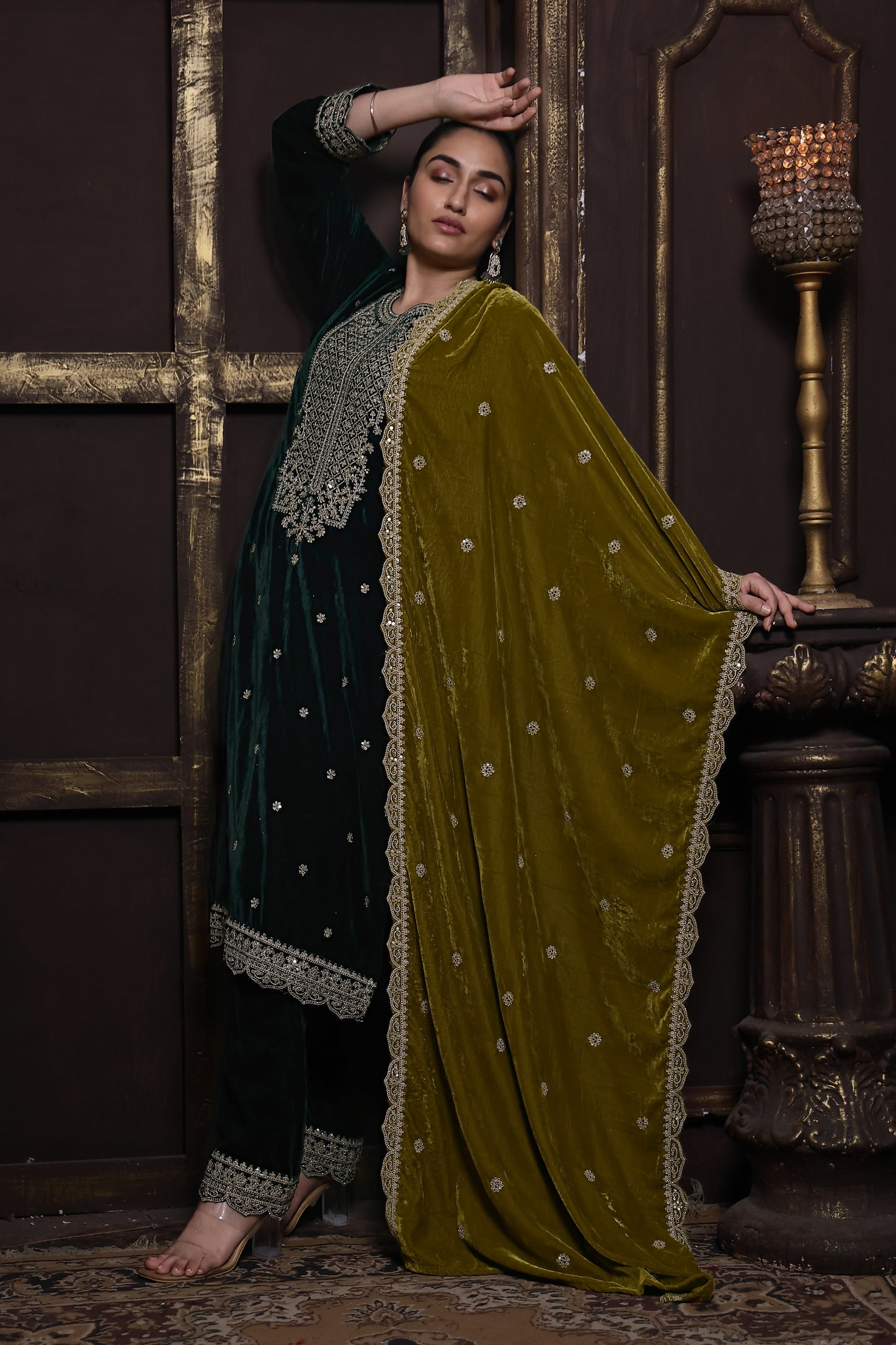 Bottle Green & Olive Green Designer Velvet Suit #1734