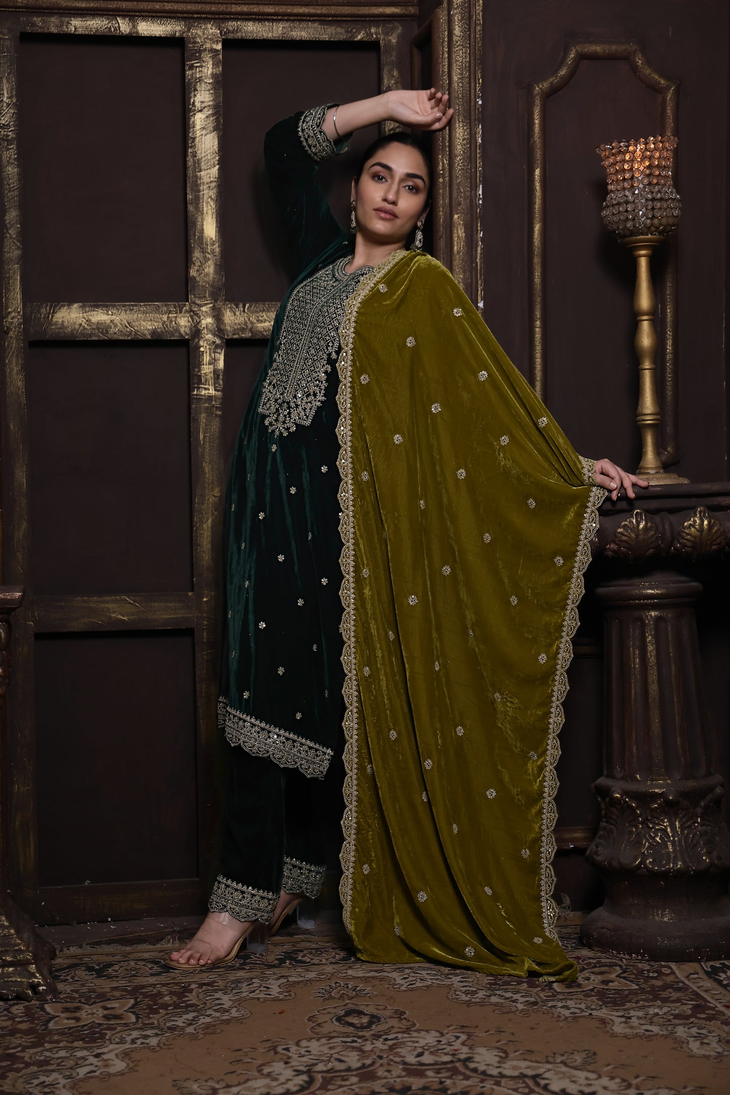 Bottle Green & Olive Green Designer Velvet Suit #1734