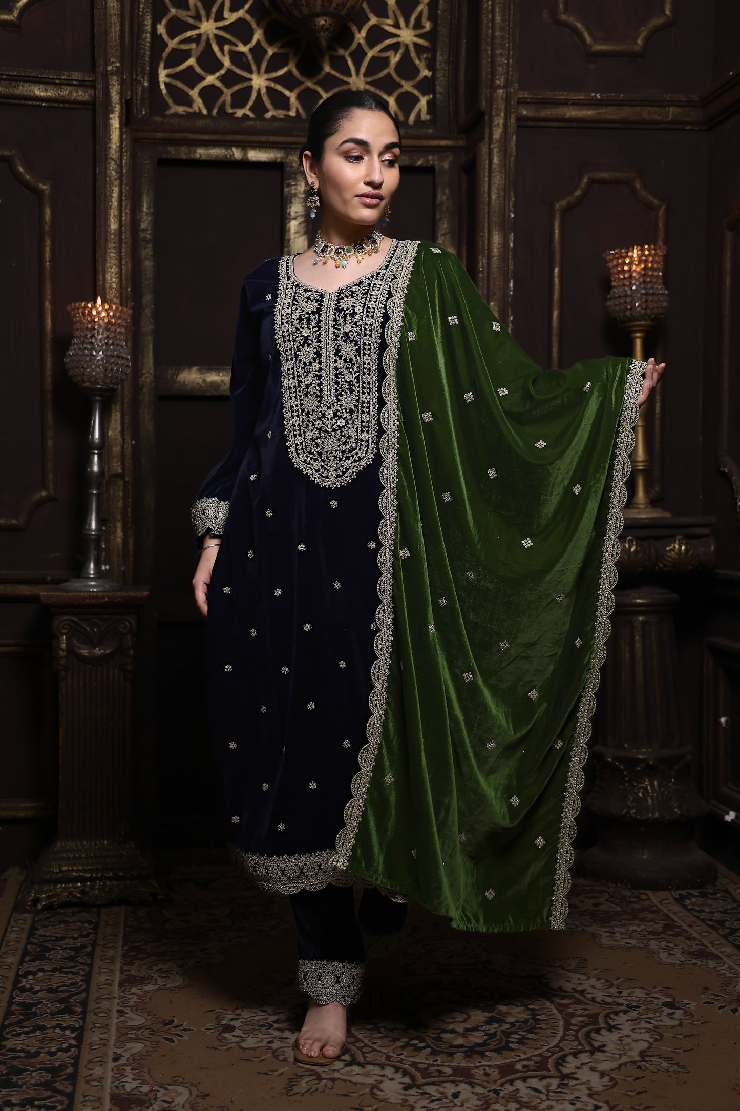 Navy Blue & Green Designer Velvet Suit #1738