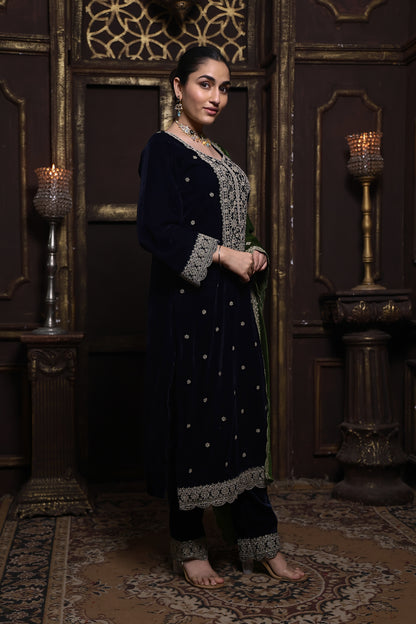 Navy Blue & Green Designer Velvet Suit #1738