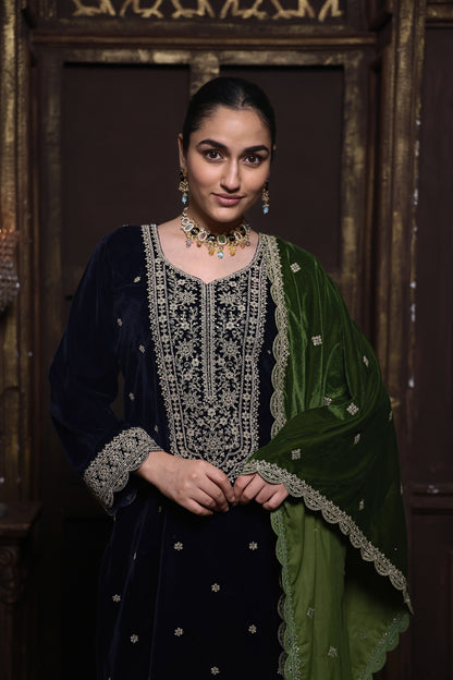 Navy Blue & Green Designer Velvet Suit #1738