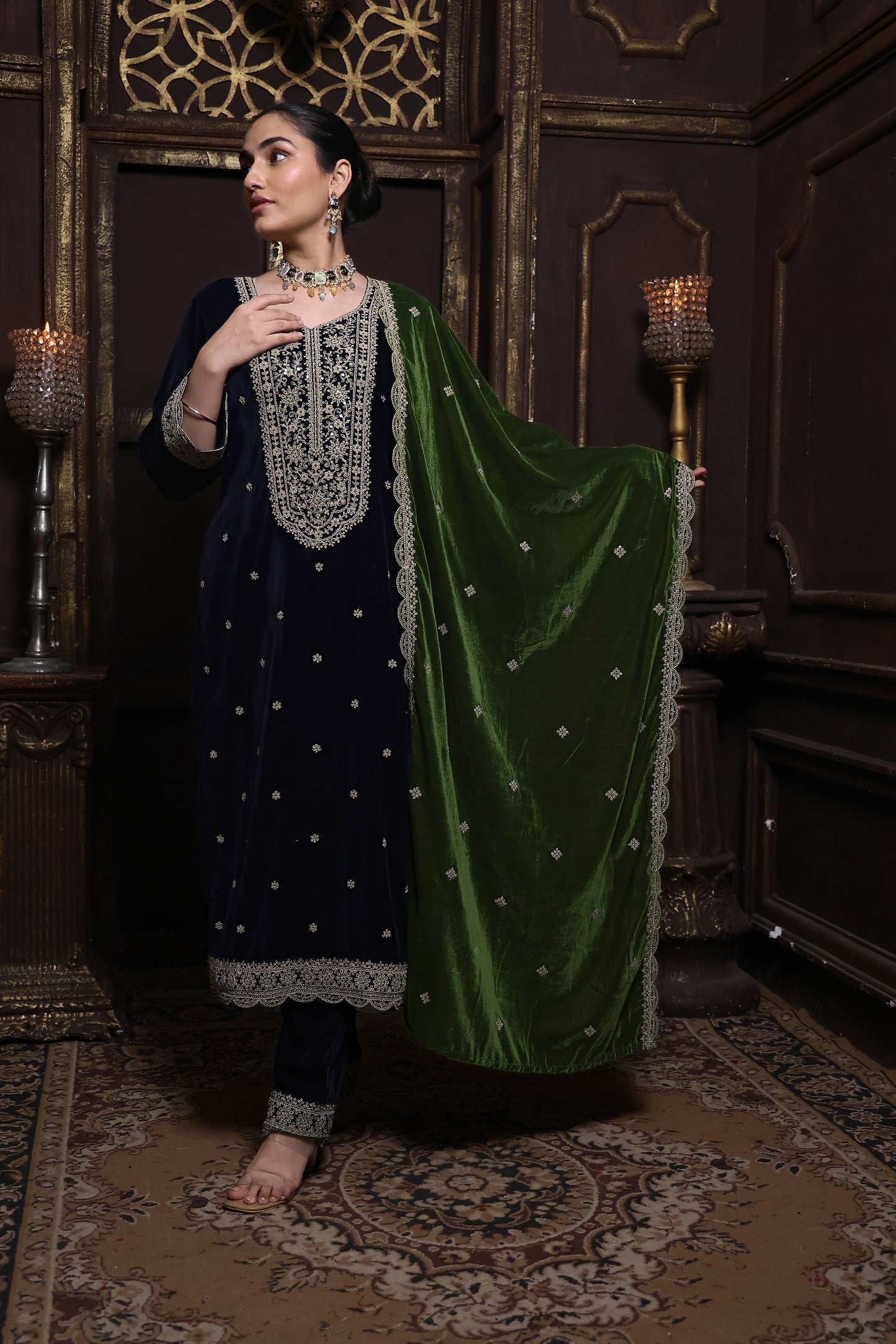 Navy Blue & Green Designer Velvet Suit #1738