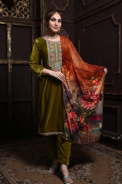 Olive Green Designer Velvet Suit #1727