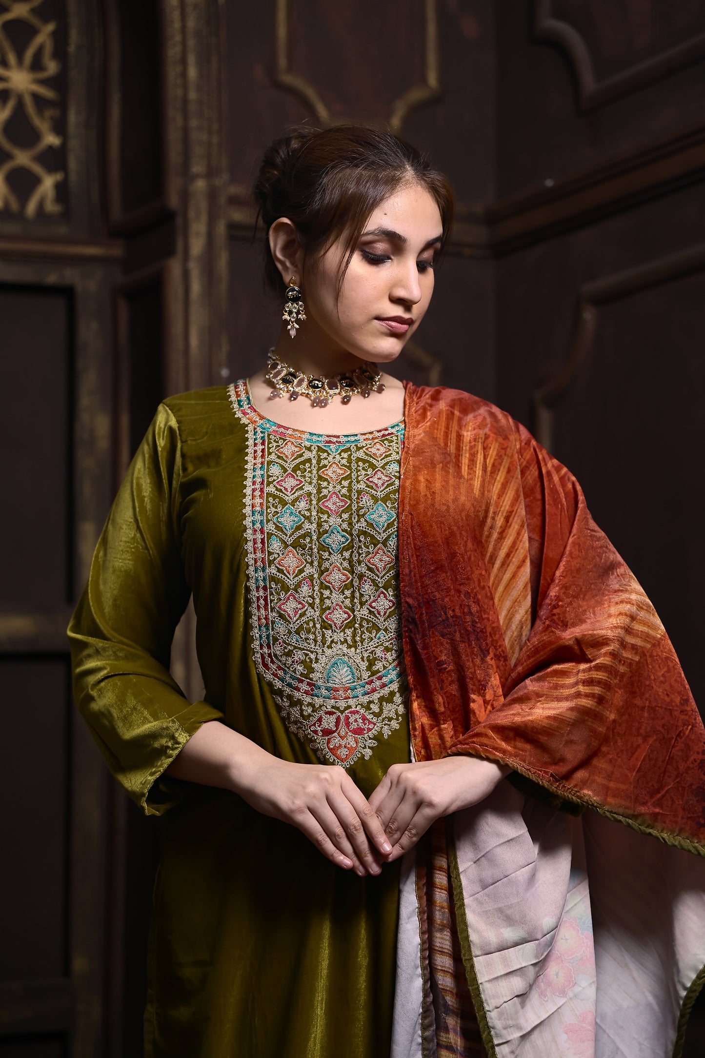 Olive Green Designer Velvet Suit #1727