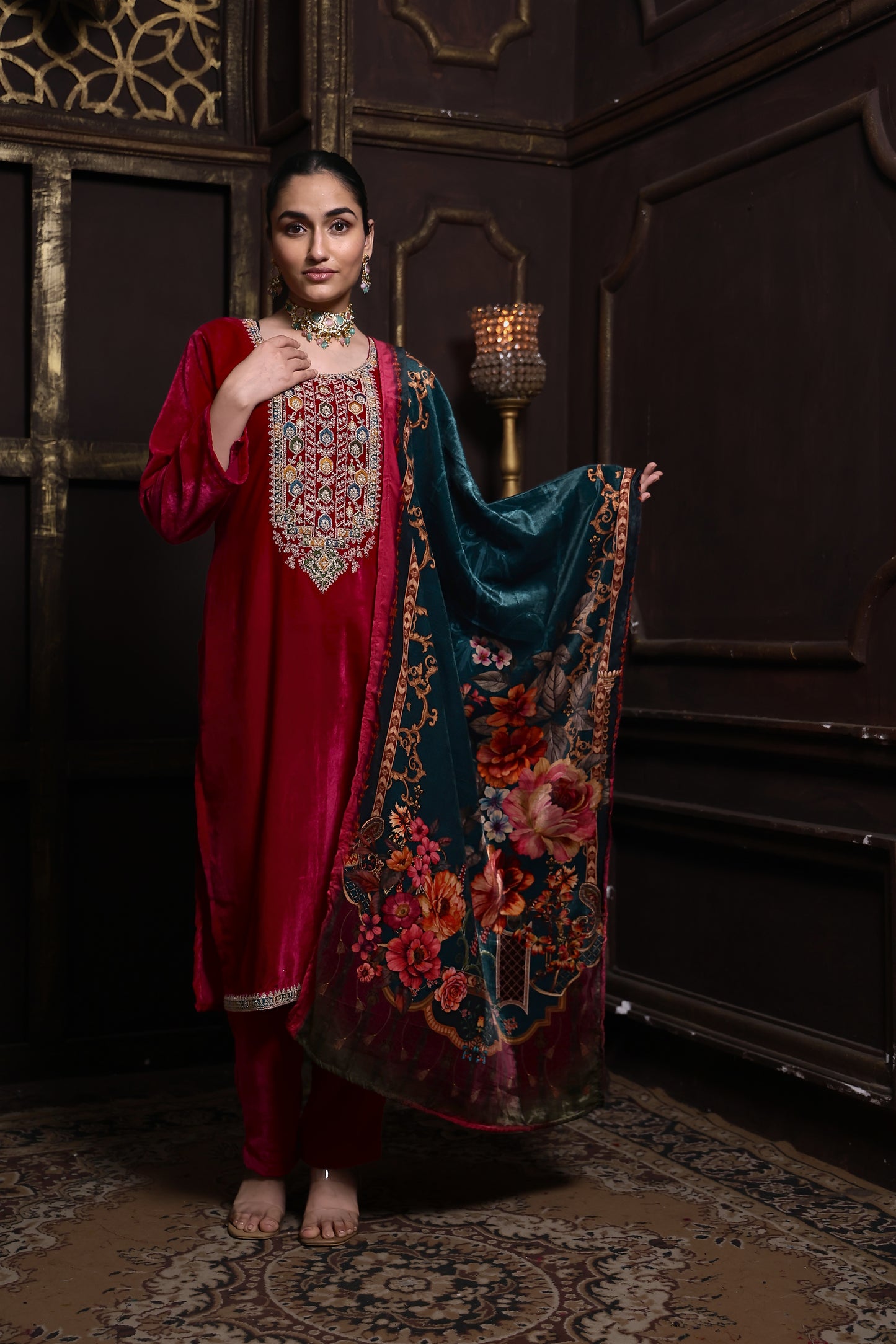 Bright Pink Designer Velvet Suit #1729