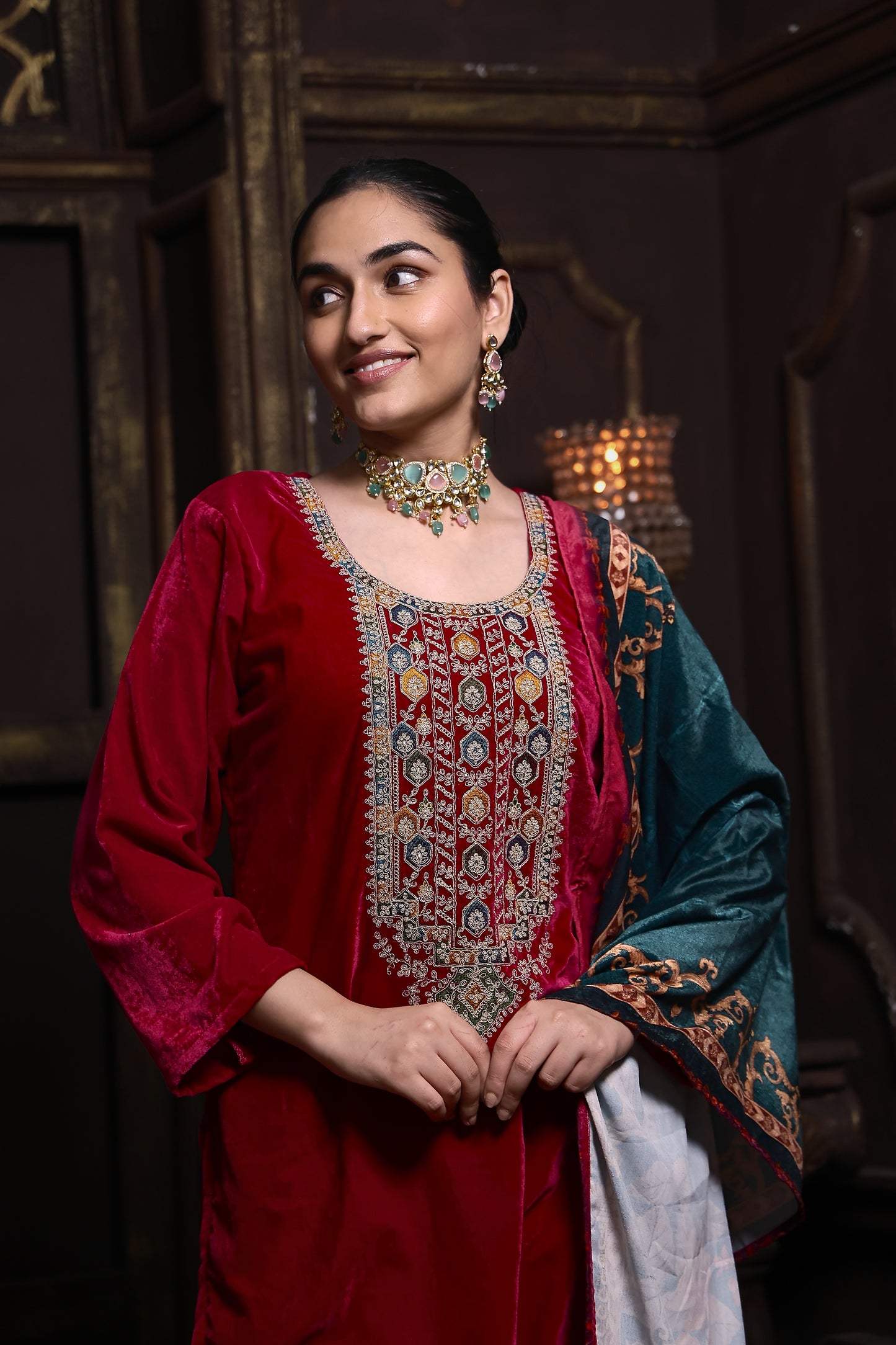 Bright Pink Designer Velvet Suit #1729