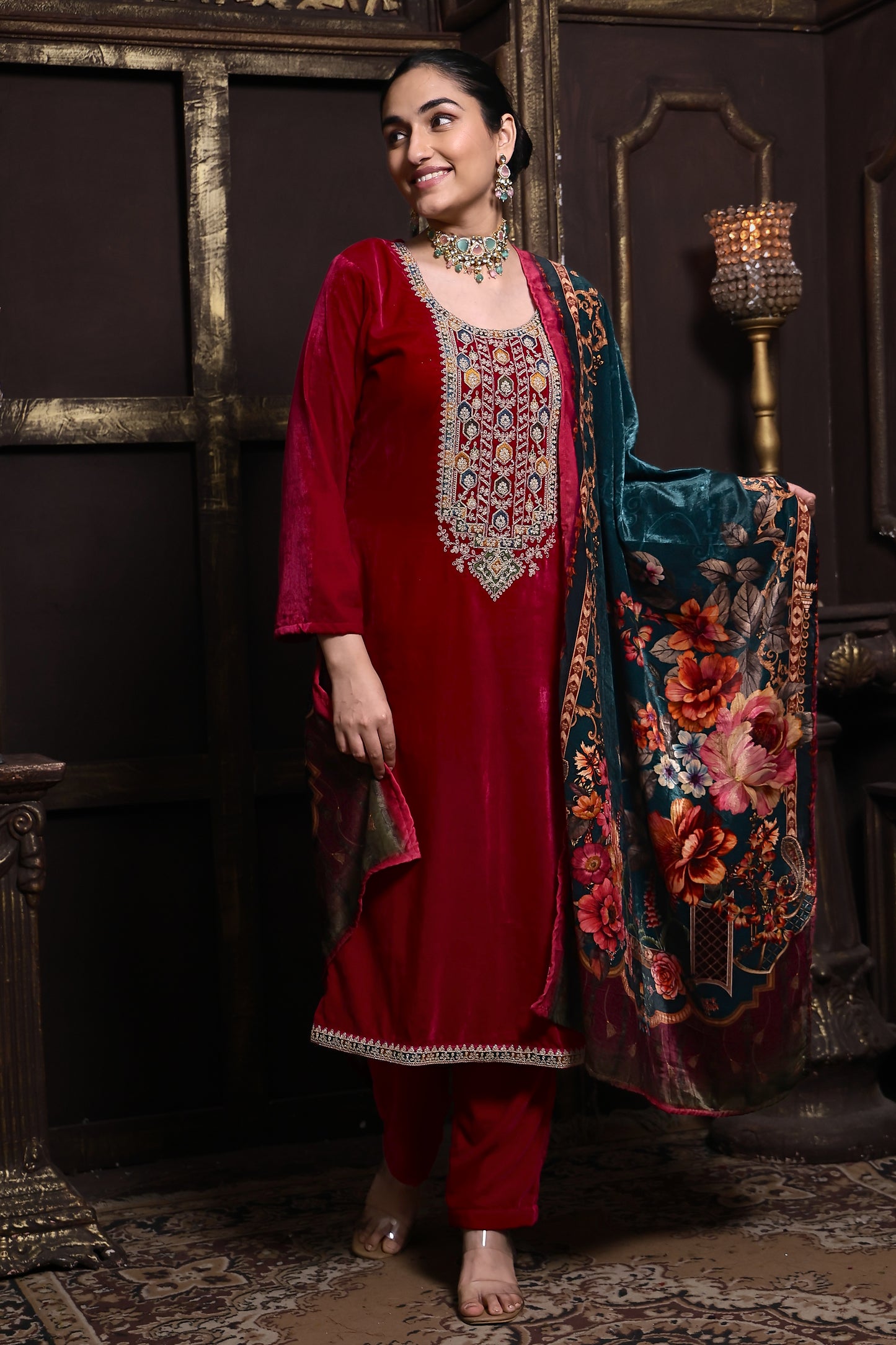 Bright Pink Designer Velvet Suit #1729