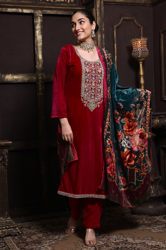 Bright Pink Designer Velvet Suit #1729