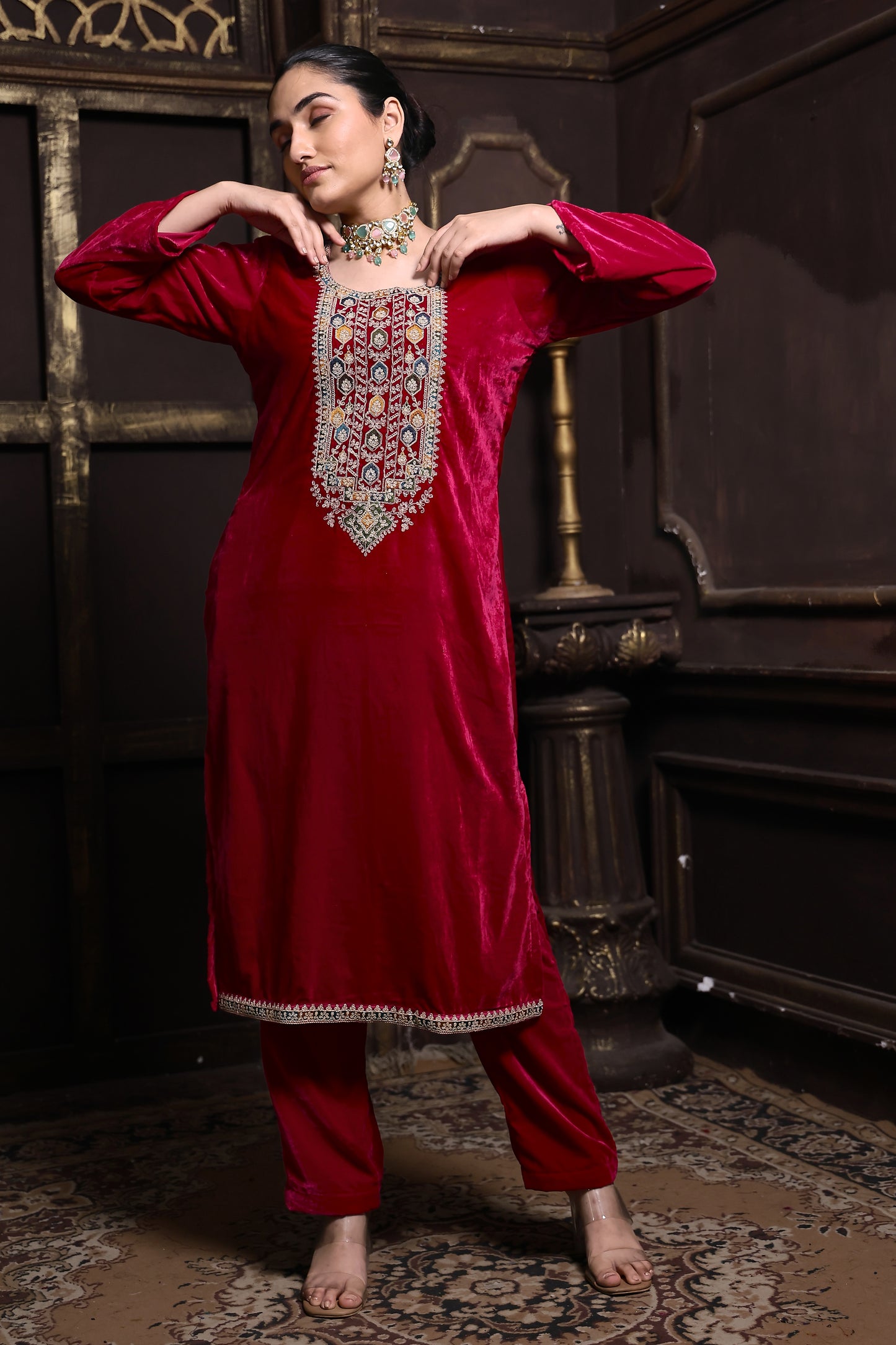 Bright Pink Designer Velvet Suit #1729