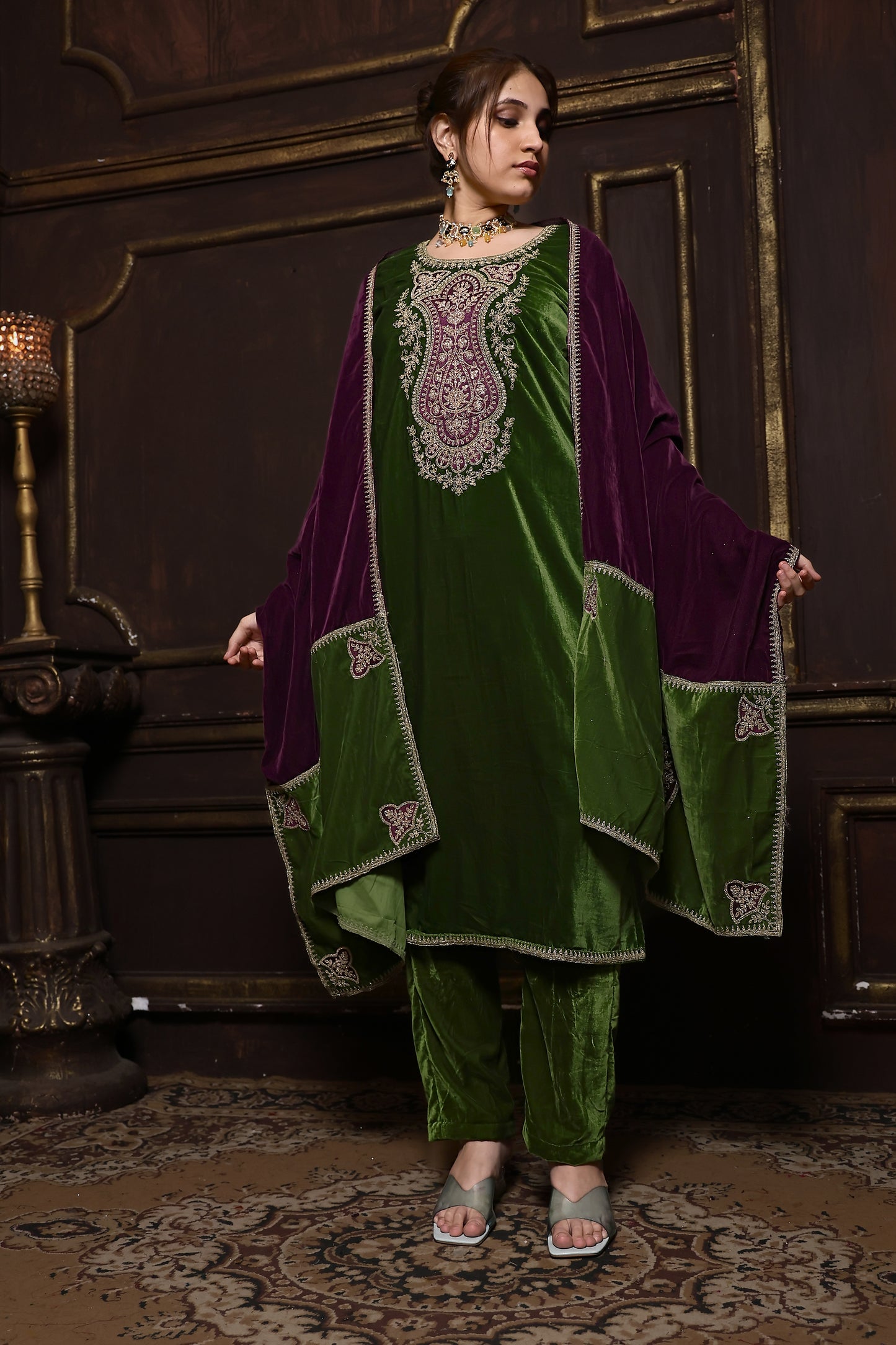 Green & Purple Designer Velvet Suit #1739