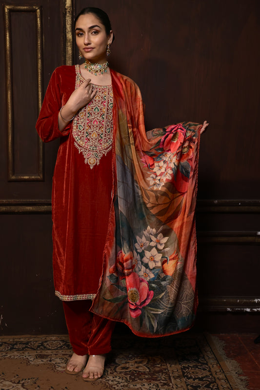 Rust Designer Velvet Suit #1731