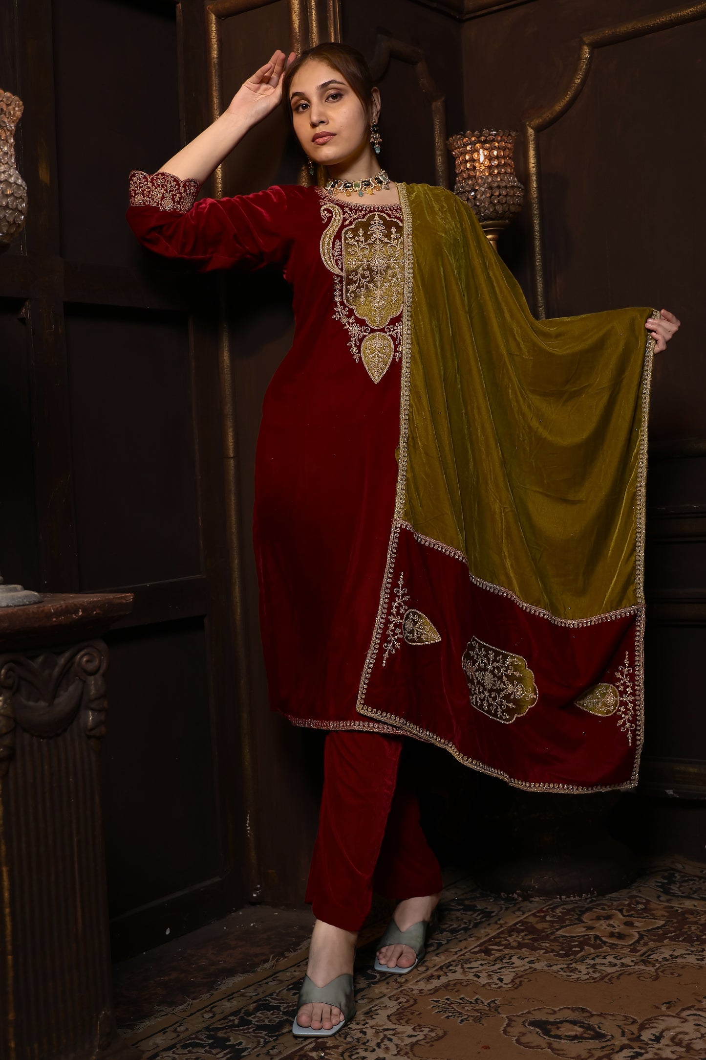Red & Mustard Designer Velvet Suit #1741