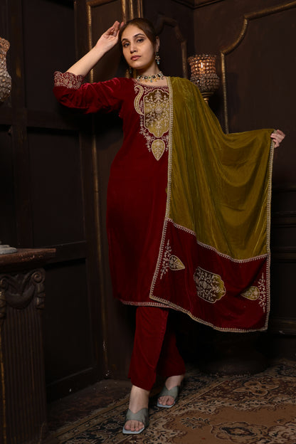 Red & Mustard Designer Velvet Suit #1741