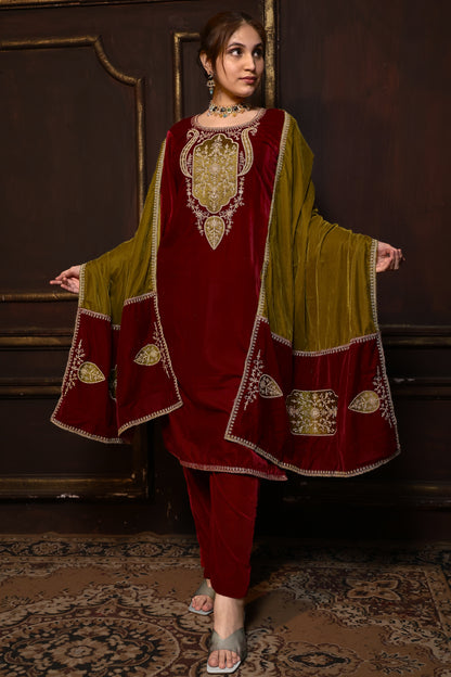Red & Mustard Designer Velvet Suit #1741
