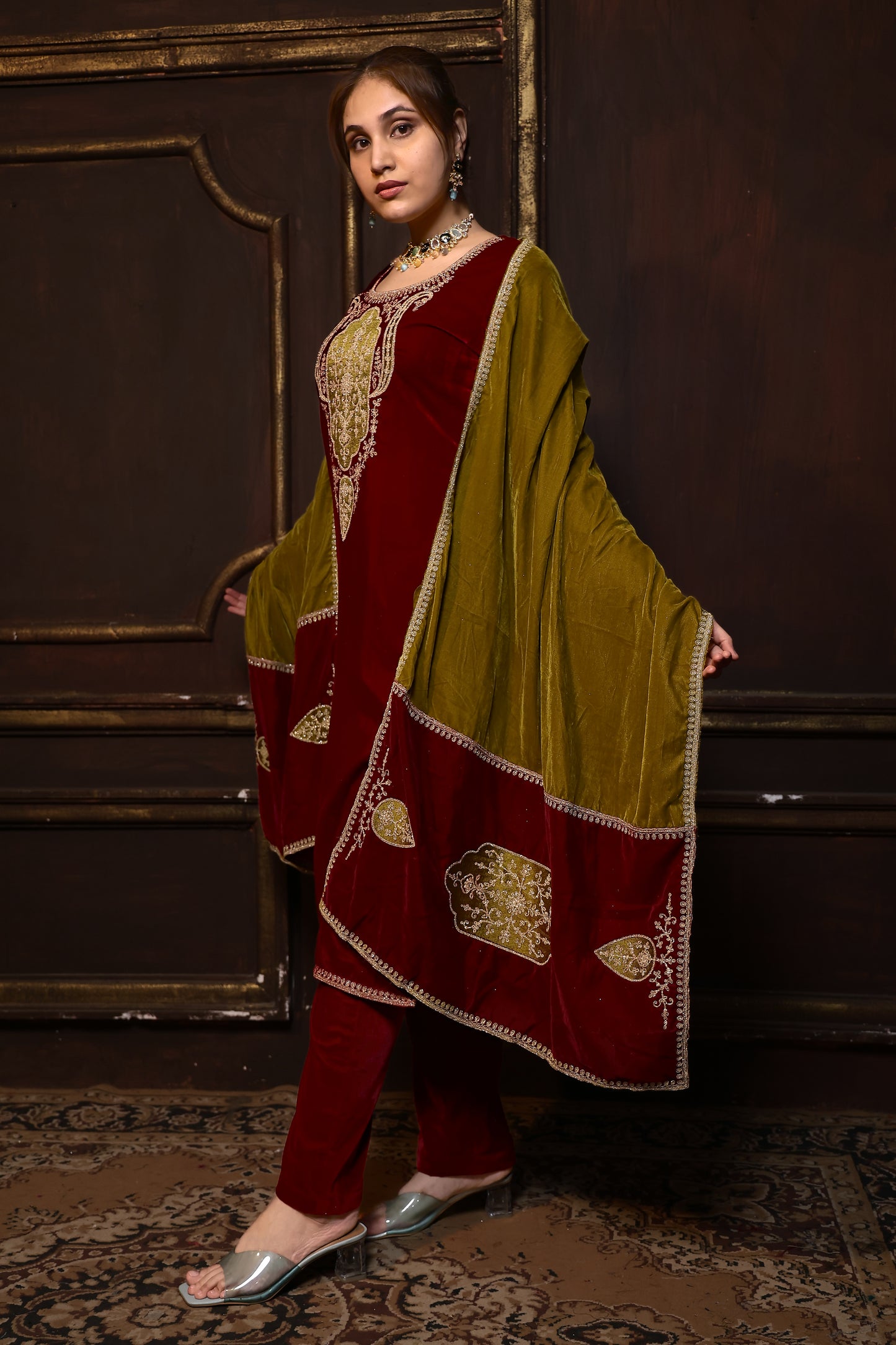 Red & Mustard Designer Velvet Suit #1741