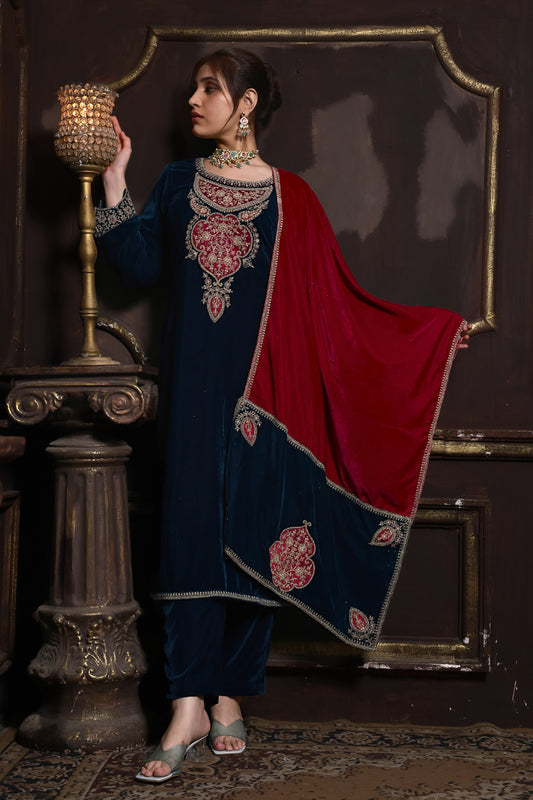 Blue & Pink Designer Velvet Suit  #1742