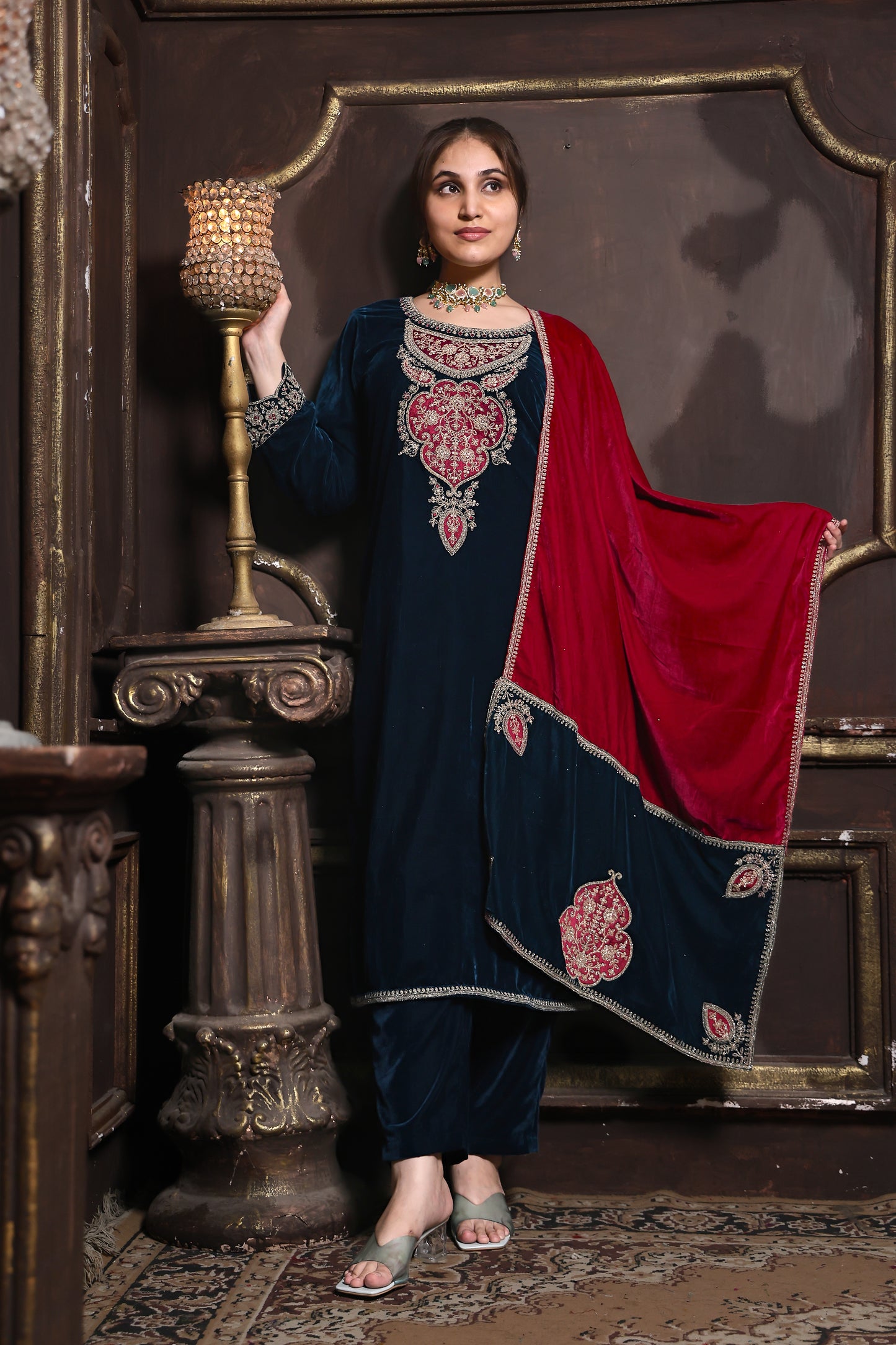 Blue & Pink Designer Velvet Suit  #1742