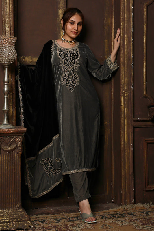 Grey & Black Designer Velvet Suit #1740