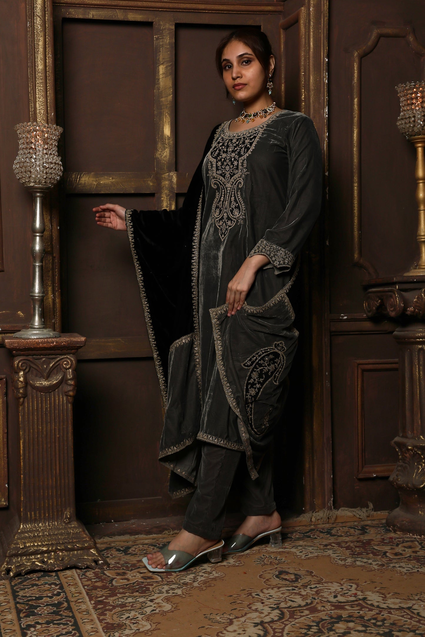 Grey & Black Designer Velvet Suit #1740