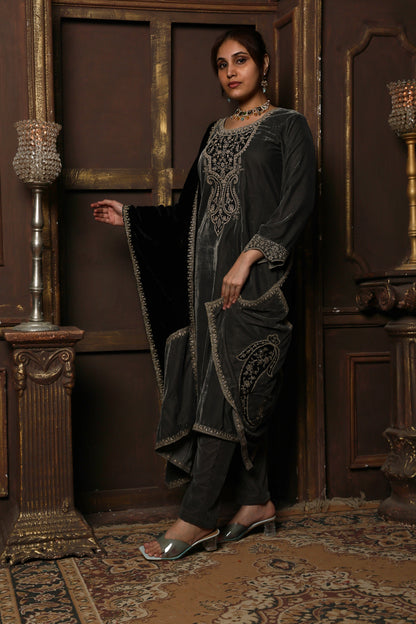 Grey & Black Designer Velvet Suit #1740