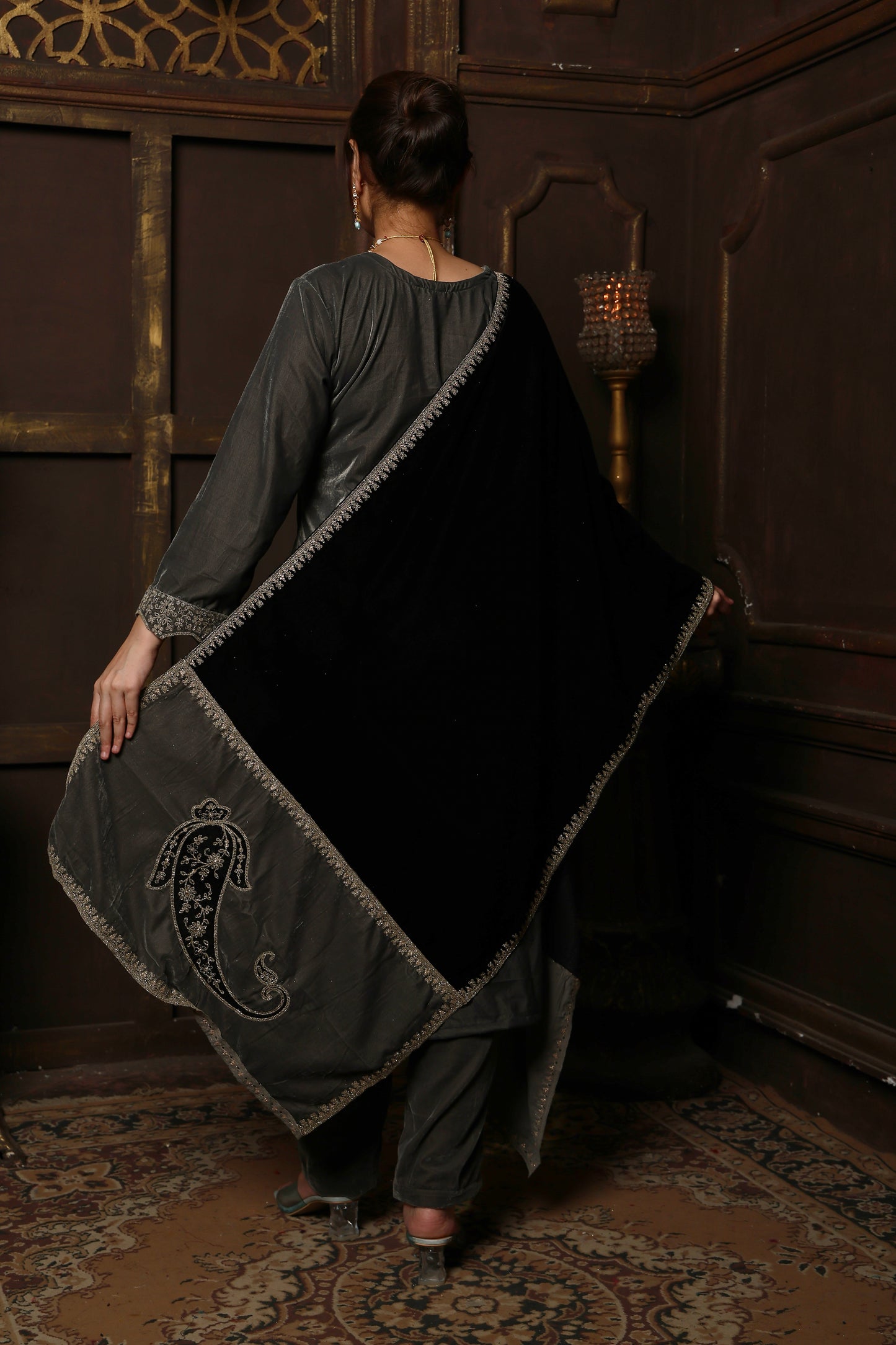 Grey & Black Designer Velvet Suit #1740