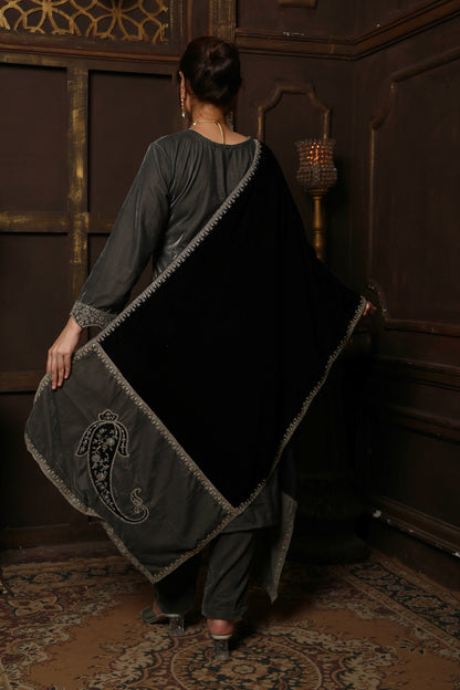 Grey & Black Designer Velvet Suit #1740