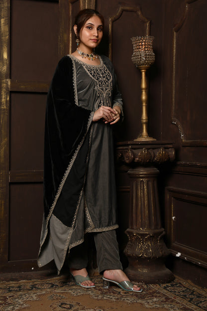 Grey & Black Designer Velvet Suit #1740