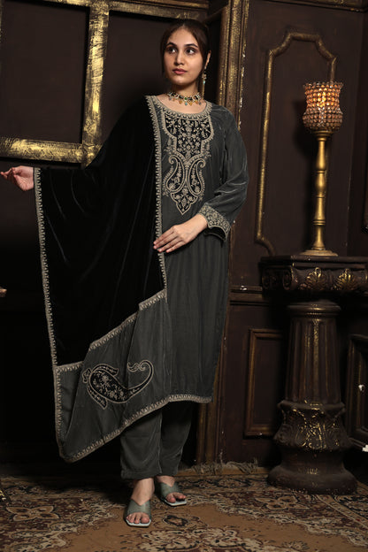 Grey & Black Designer Velvet Suit #1740