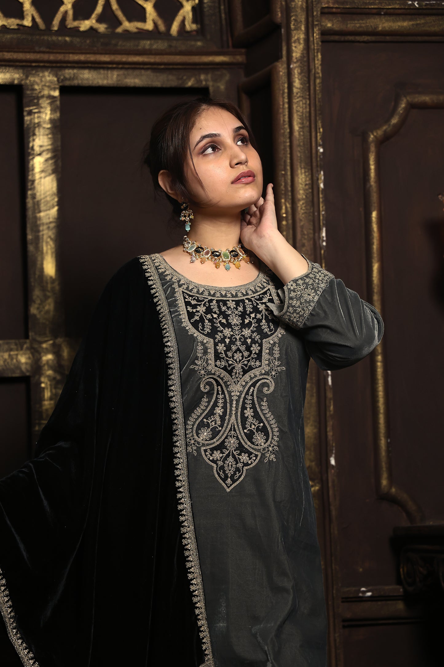 Grey & Black Designer Velvet Suit #1740