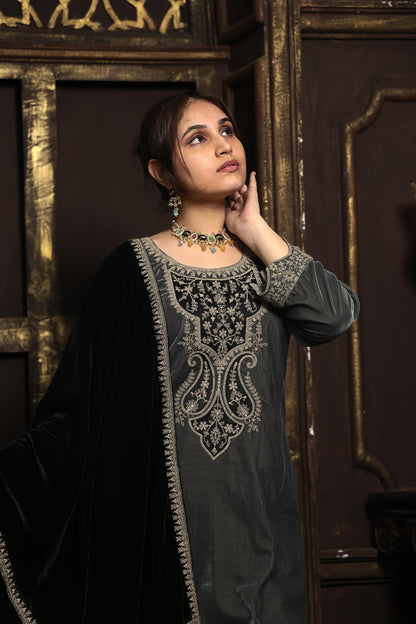 Grey & Black Designer Velvet Suit #1740