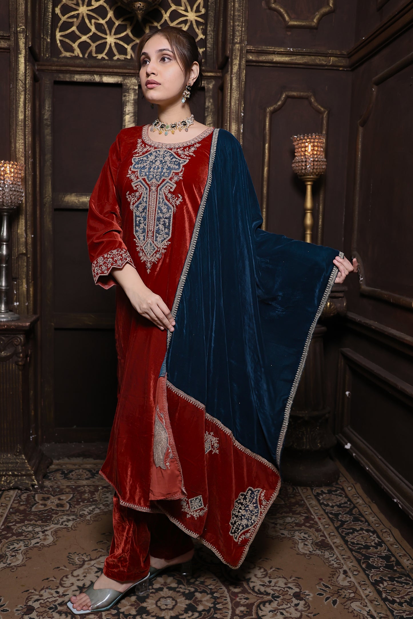 Rust & Blue Designer Velvet Suit #1744