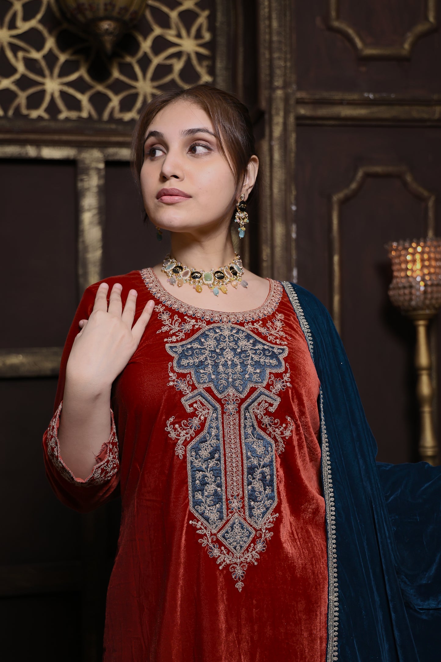 Rust & Blue Designer Velvet Suit #1744