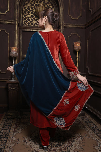 Rust & Blue Designer Velvet Suit #1744
