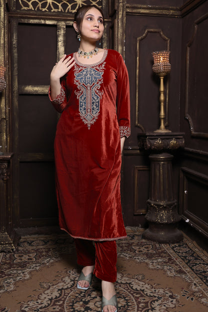 Rust & Blue Designer Velvet Suit #1744