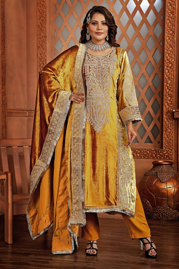 Gold Mustard Party Wear Velvet Suit Set