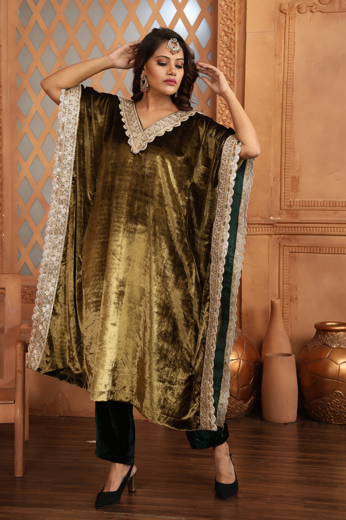 Olive Green Velvet V-Neck Kaftan with Contrast Pants 1698