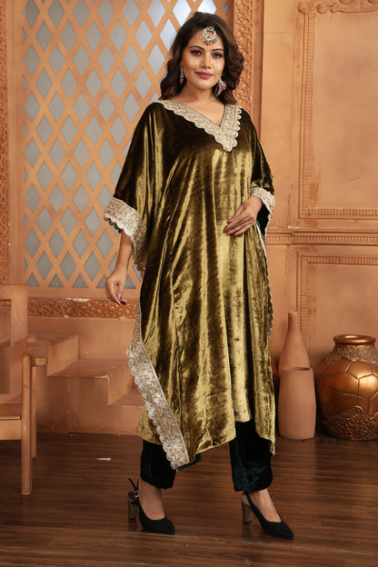 Olive Green Velvet V-Neck Kaftan with Contrast Pants 1698