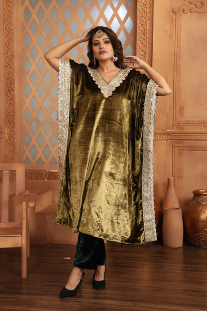 Olive Green Velvet V-Neck Kaftan with Contrast Pants 1698