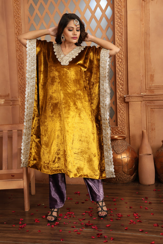 Gold and Purple Velvet V-Neck Kaftan with Contrast Pants #1697