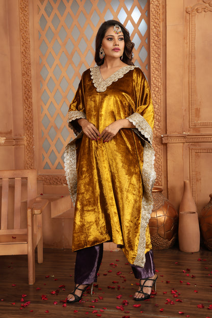 Gold and Purple Velvet V-Neck Kaftan with Contrast Pants #1697