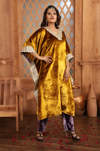 Gold and Purple Velvet V-Neck Kaftan with Contrast Pants #1697