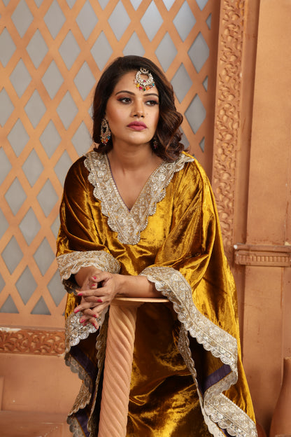 Gold and Purple Velvet V-Neck Kaftan with Contrast Pants #1697