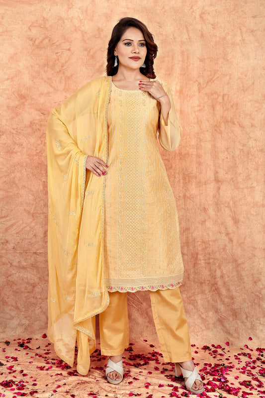 Yellow Embroidered Chanderi Suit Set #1624