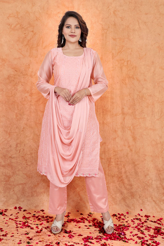 Peach Embroidered Chanderi Suit Set  #1625