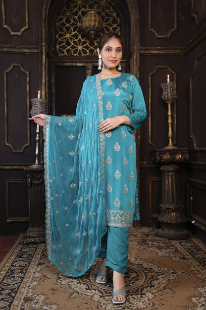 Green Chinon Suit Set with Zari & Sequin Elegance #1677