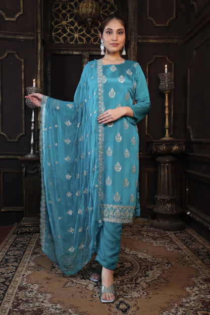 Green Chinon Suit Set with Zari & Sequin Elegance #1677
