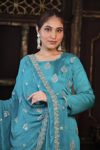 Green Chinon Suit Set with Zari & Sequin Elegance #1677