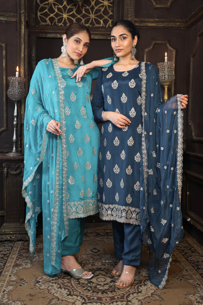 Green Chinon Suit Set with Zari & Sequin Elegance #1677