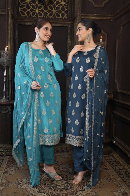 Green Chinon Suit Set with Zari & Sequin Elegance #1677